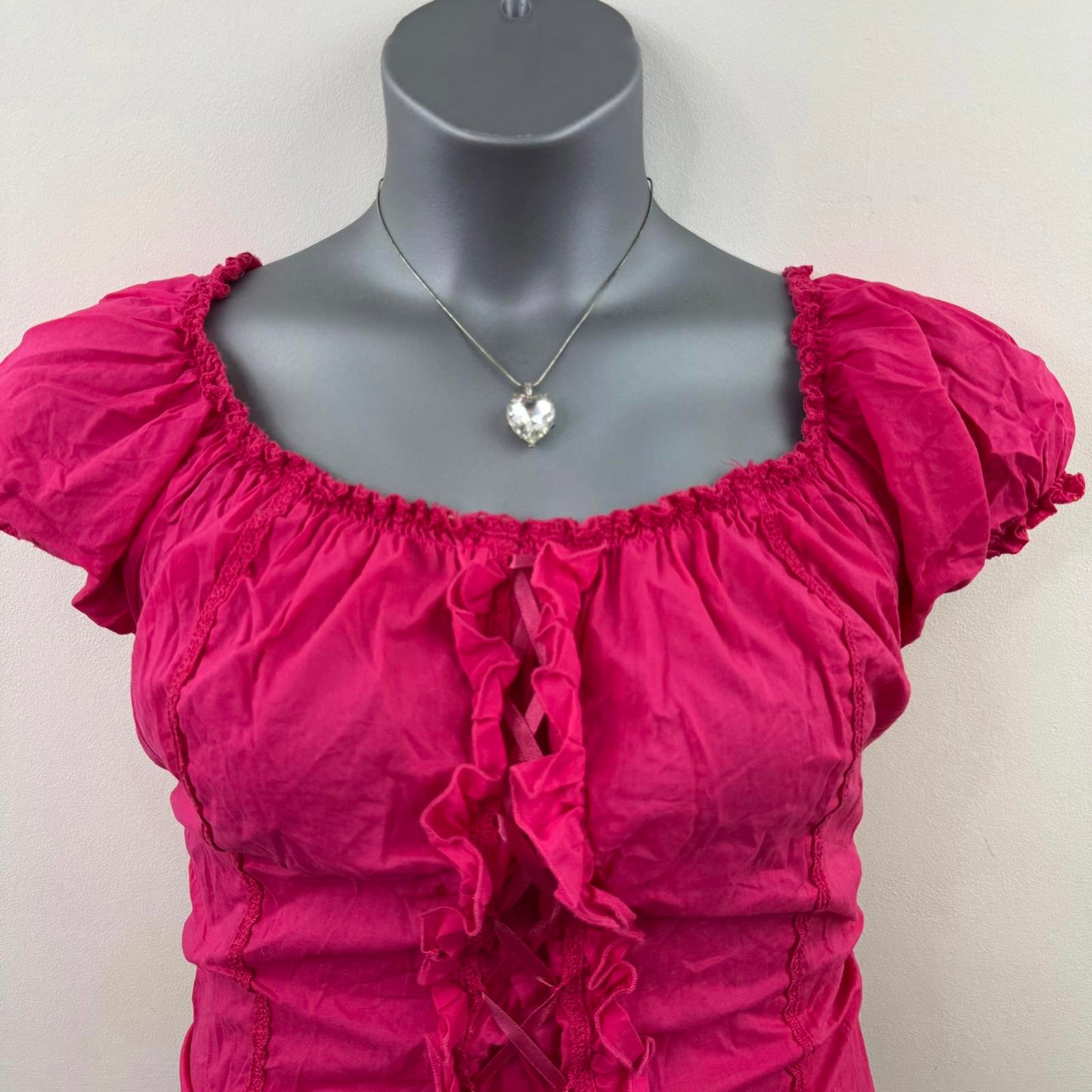 Y2K vintage stretchy milkmaid hot pink top cap sleeve lace up frill frilly