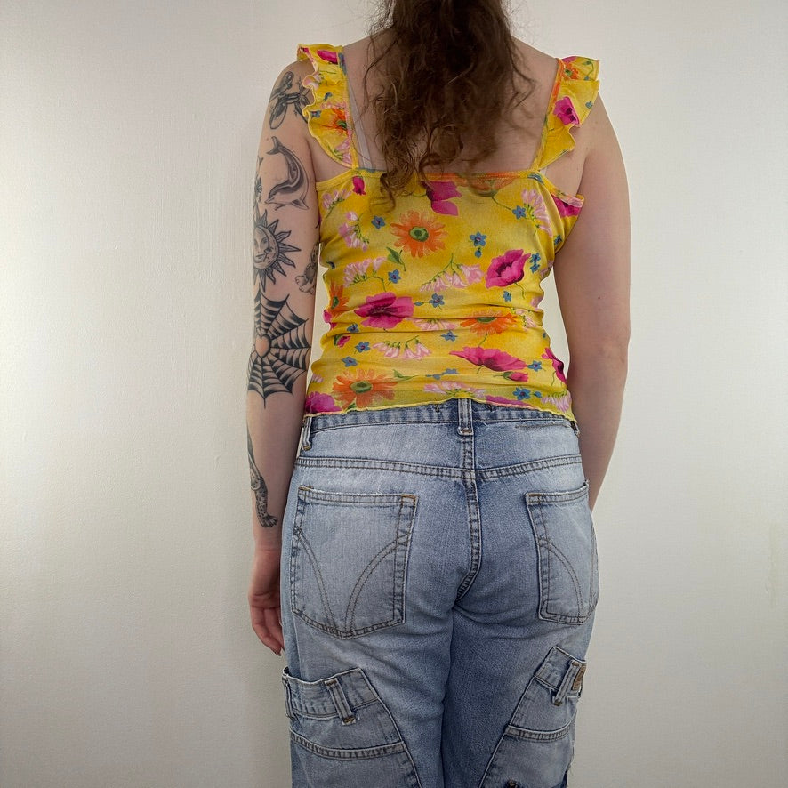 Y2K vintage mesh floral cami top frill lettuce hem