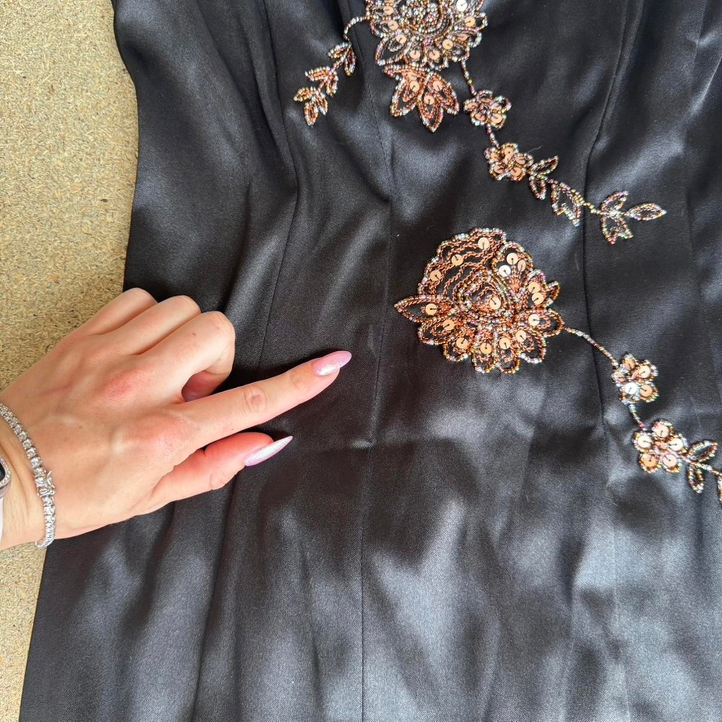 Y2K vintage satin style floral embroidered lace up midi dress fitted round neck