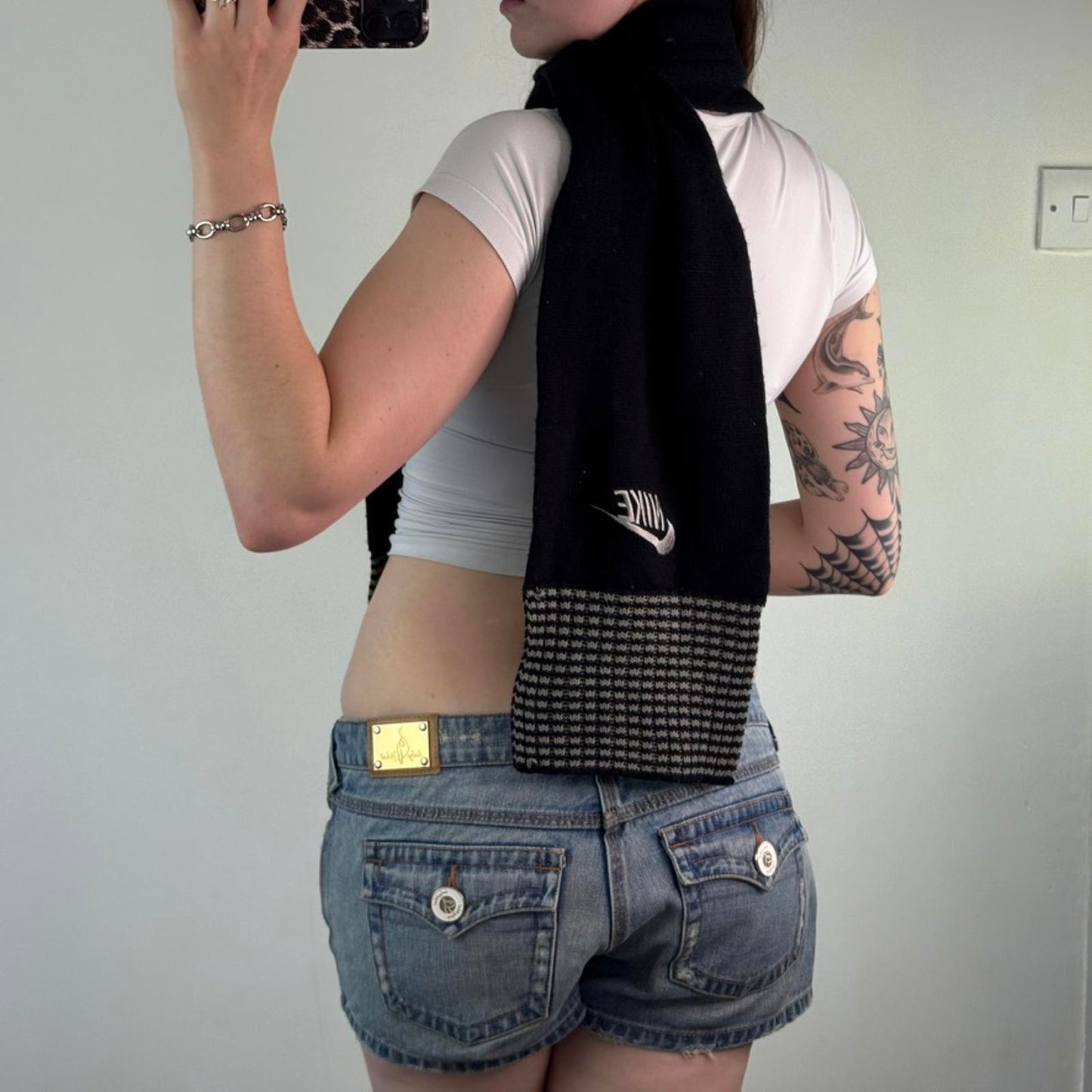 Y2K vintage Nike knit black grey stripe scarf unisex embroidered logo