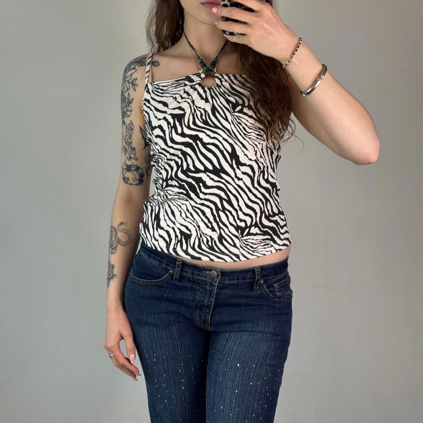 Y2K vintage halter neck zebra print cami top beaded o ring square neck tropical