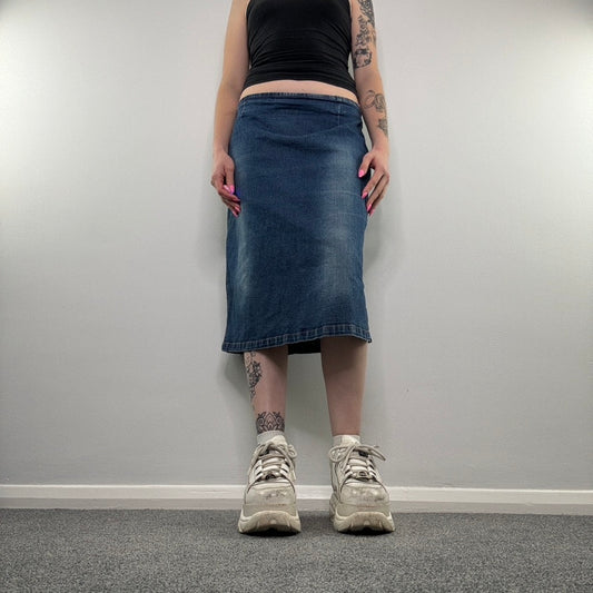 Y2K faded denim midi skirt