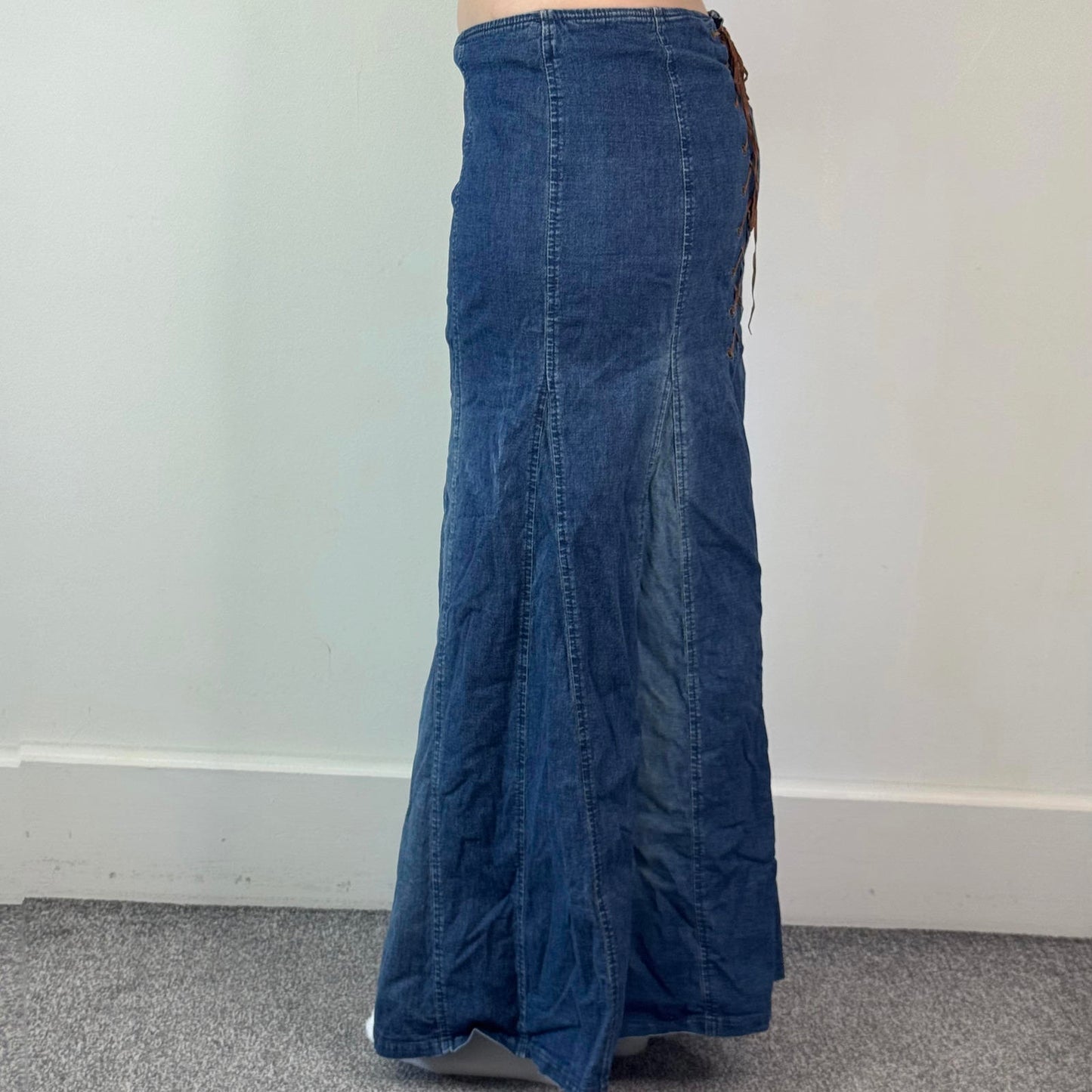 Y2K vintage lace up denim maxi skirt stretchy faded blue wash a line low rise
