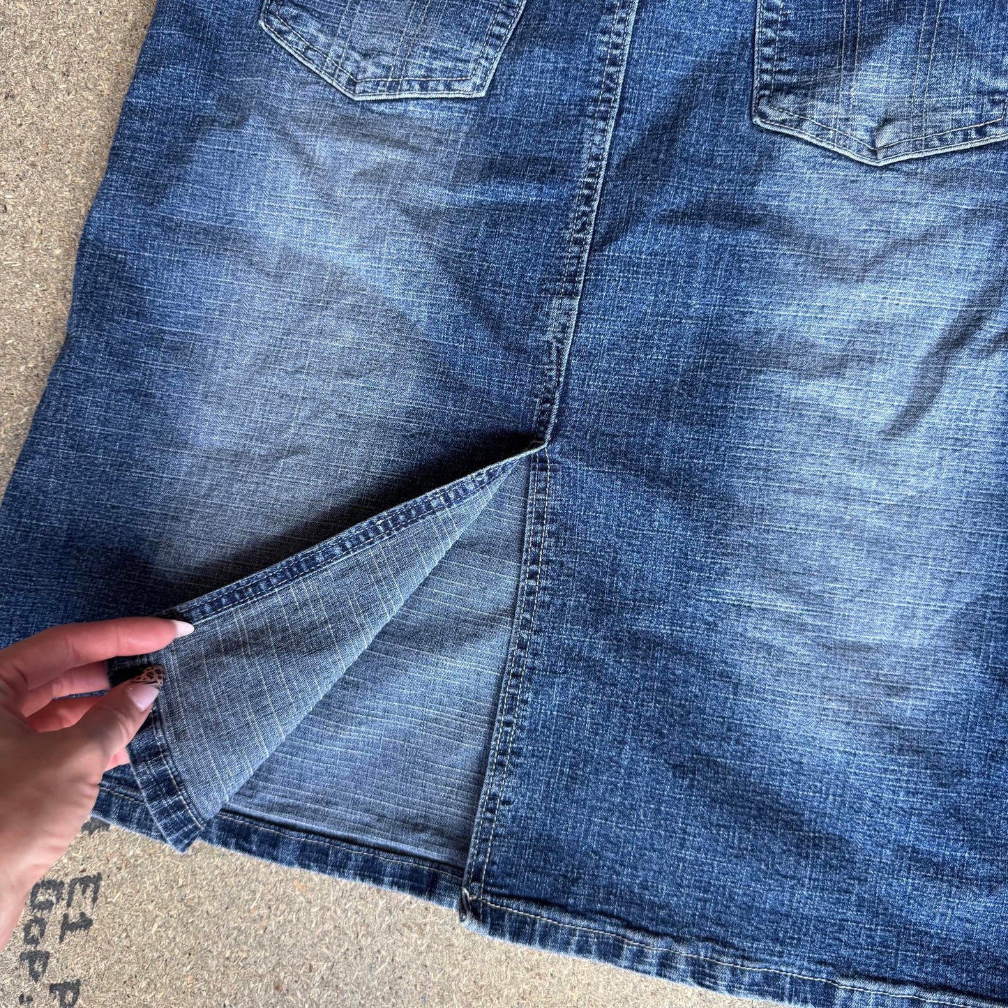 Y2K vintage faded denim midi skirt knee length mid blue