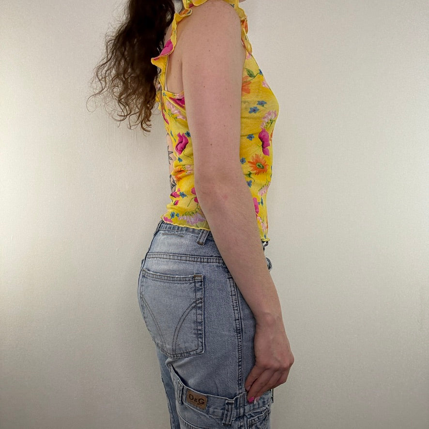 Y2K vintage mesh floral cami top frill lettuce hem