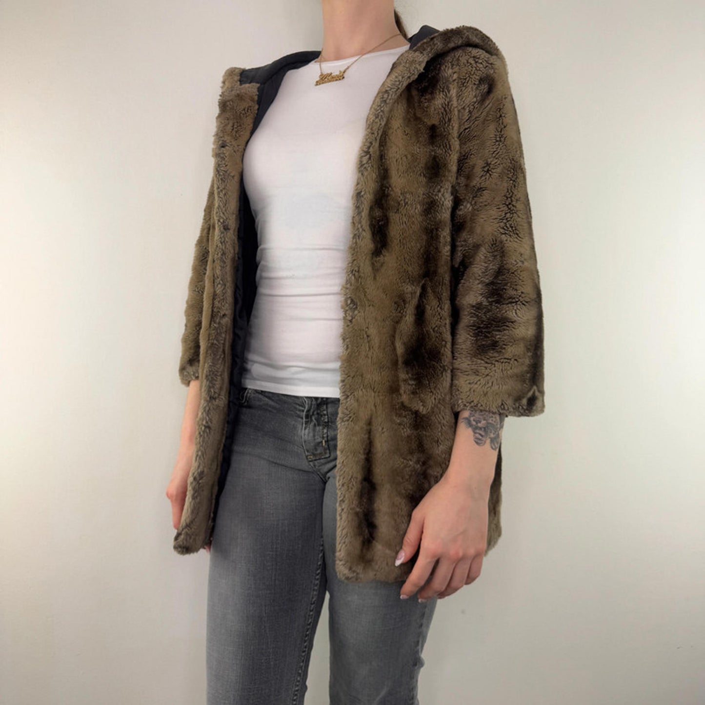 Y2K vintage faux fur coat stripe oversized hood archive two tone brown bubble