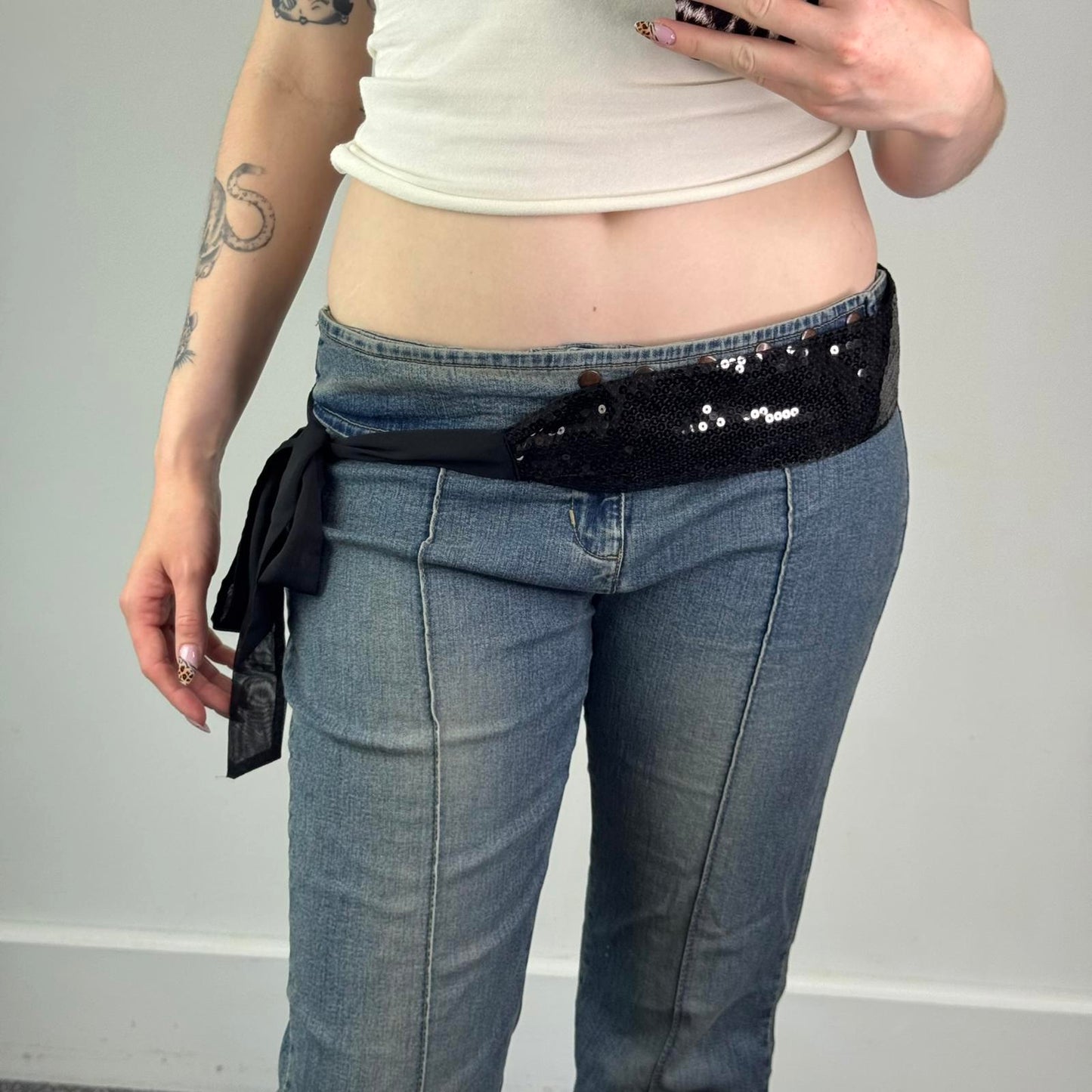 Y2K vintage sequin embellished belt tie adjustable bow black