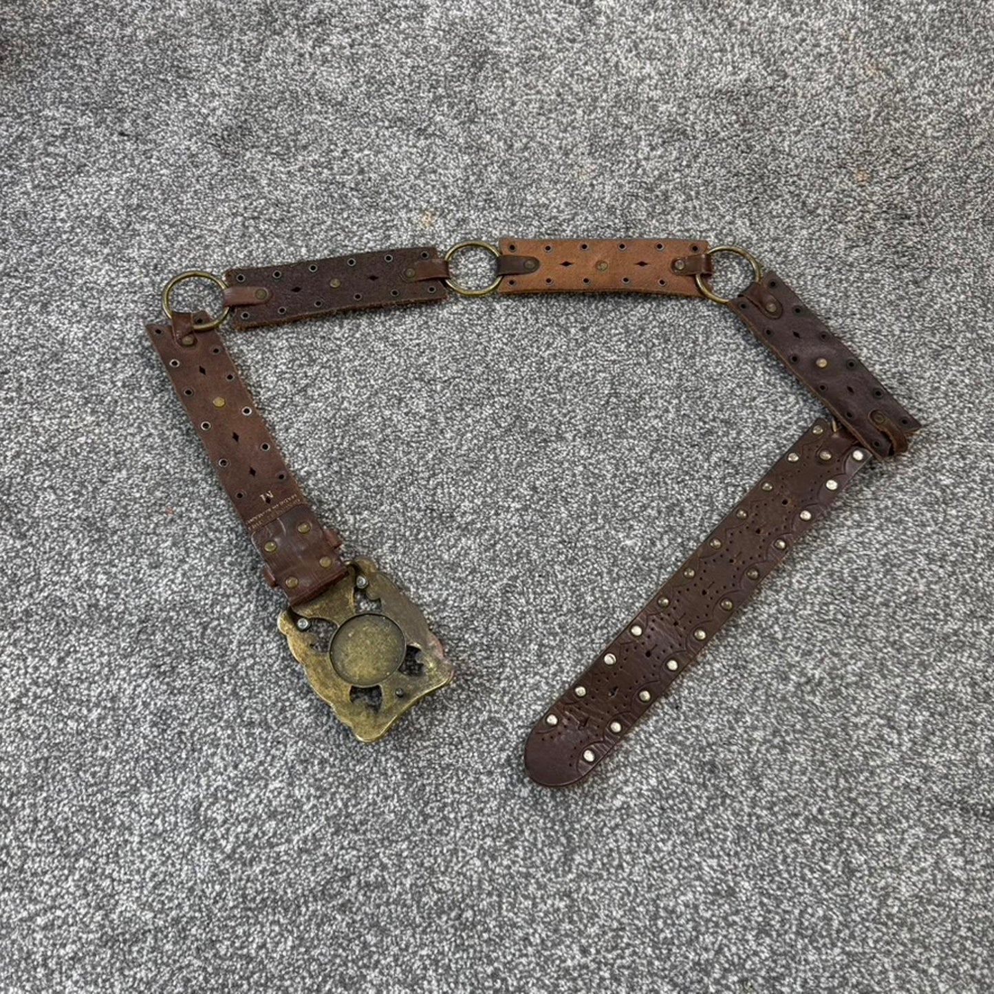 Y2K vintage genuine leather big buckle rhinestone belt brown o ring western