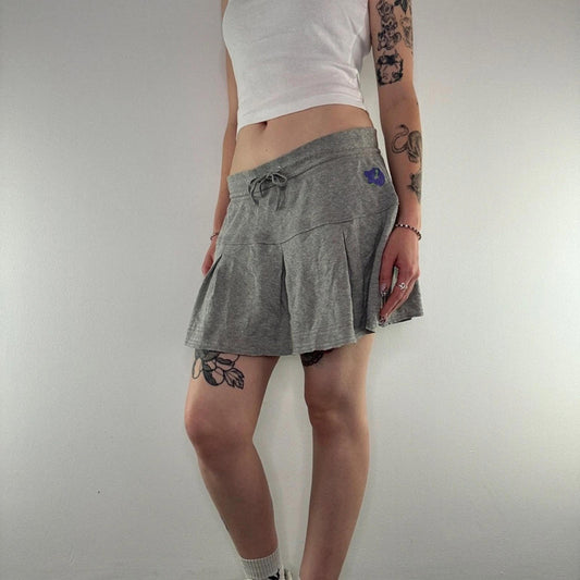 Y2K vintage sparkly hibiscus frill mini skirt bow waistband jersey low rise