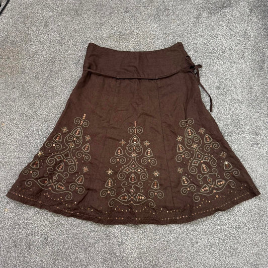Y2K vintage 100% linen sequin embroidered embellished midi skirt a line belt