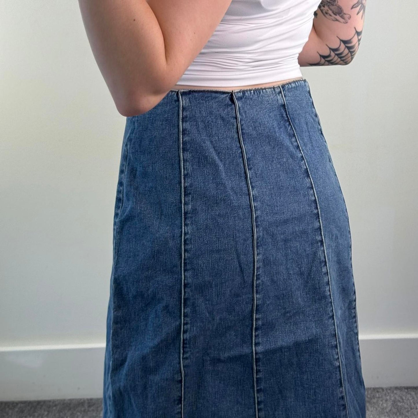 Y2K vintage denim maxi skirt a line stretchy faded light blue wash