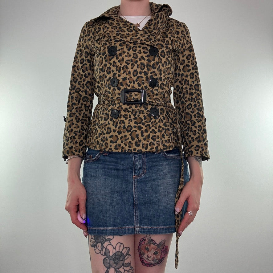 Leopard print button up belt short trench coat jacket