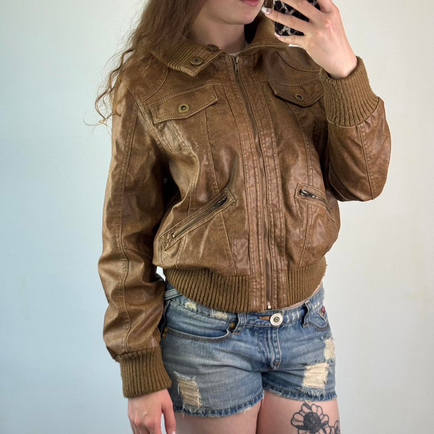 Y2K vintage faux leather bomber zip up jacket short slight crop utility archive