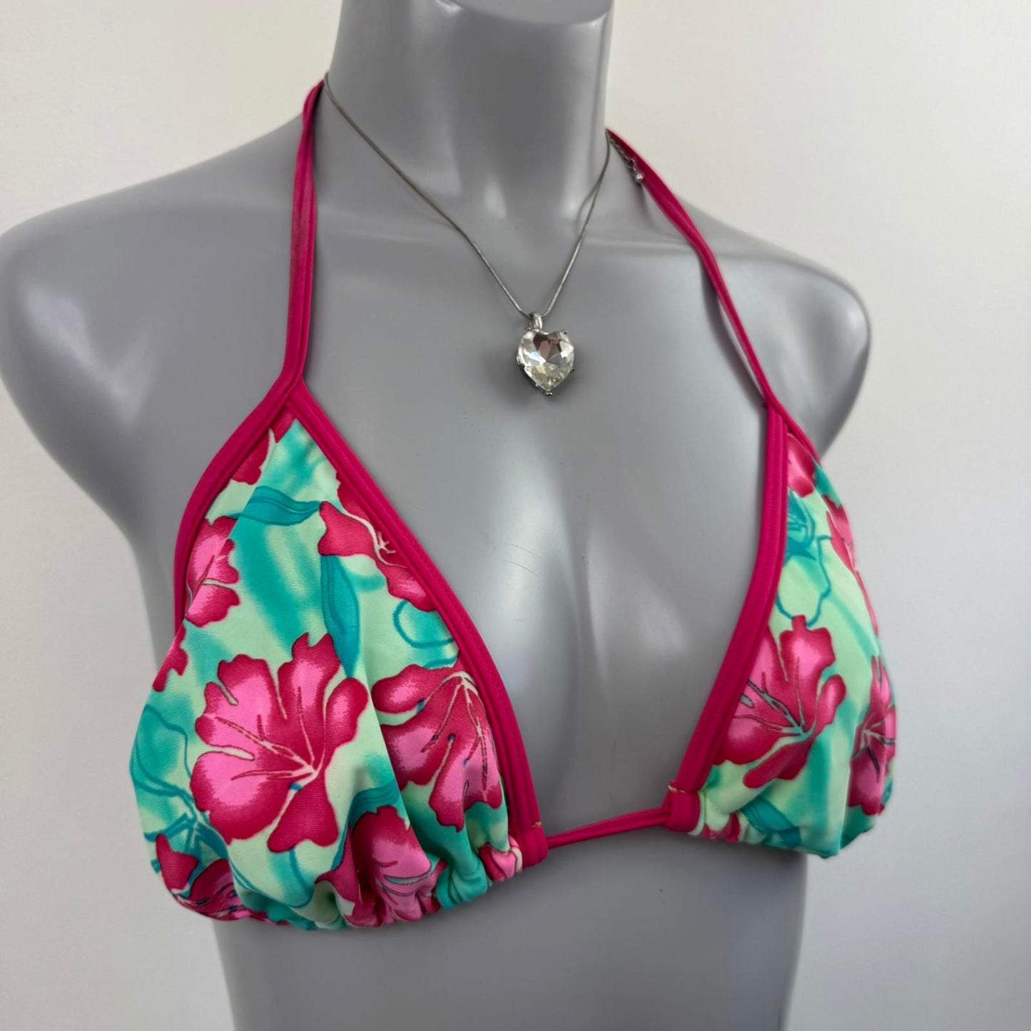 Y2K vintage hibiscus floral halter neck bikini top pink green no padding