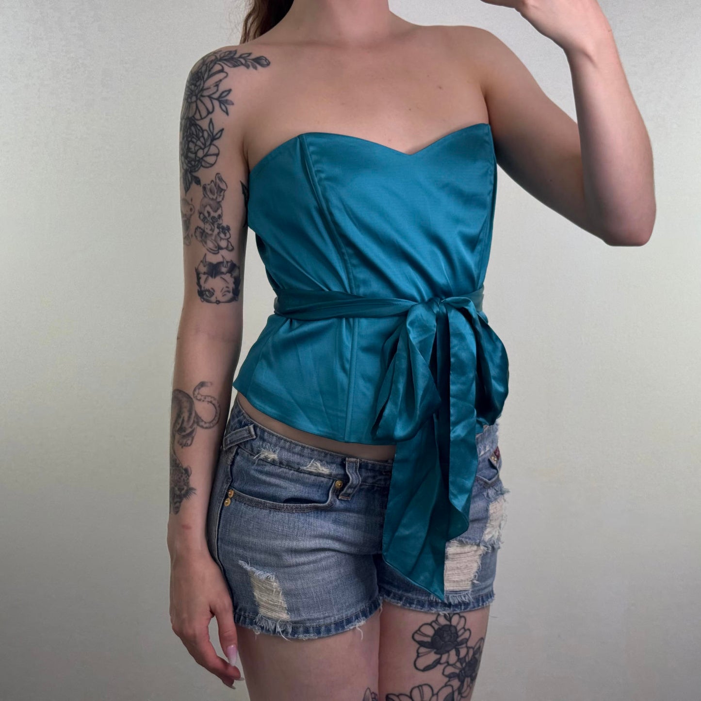Y2K vintage silk blend strapless structured bustier top turquoise bow