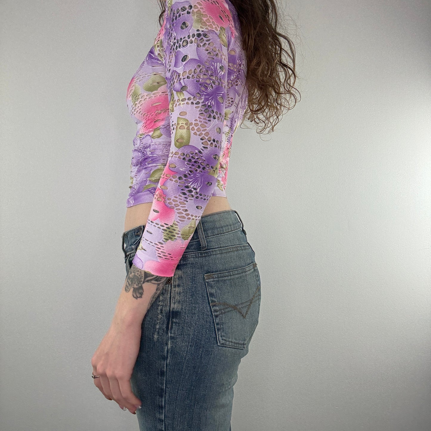 Y2K netted floral long sleeve top