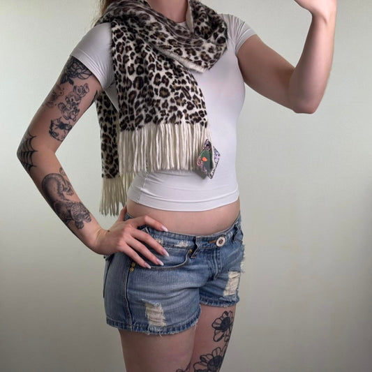 Y2K vintage leopard print scarf fluffy knit tassel soft