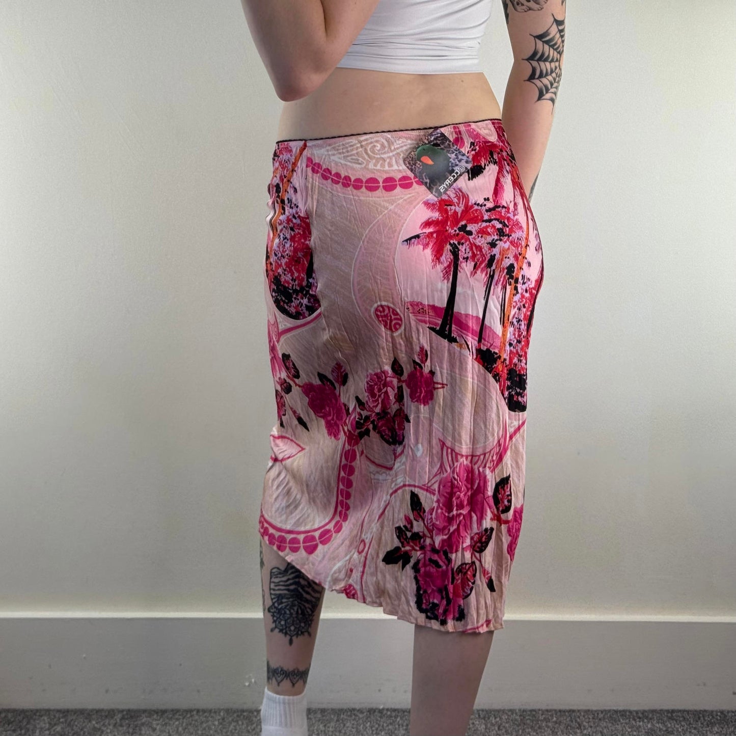 Y2K vintage Morgan De Toi midi skirt pink satin stretchy palm tree floral rose