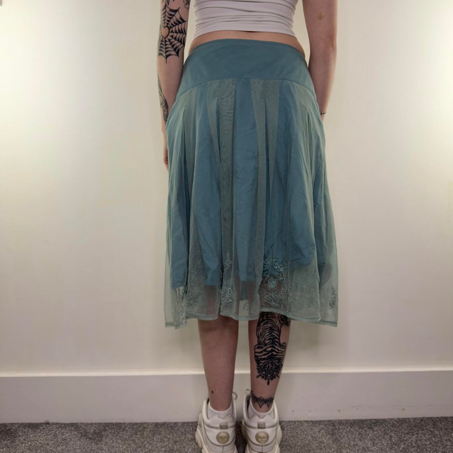 Y2K vintage mesh fishnet double layered midi skirt a line floral embroidered