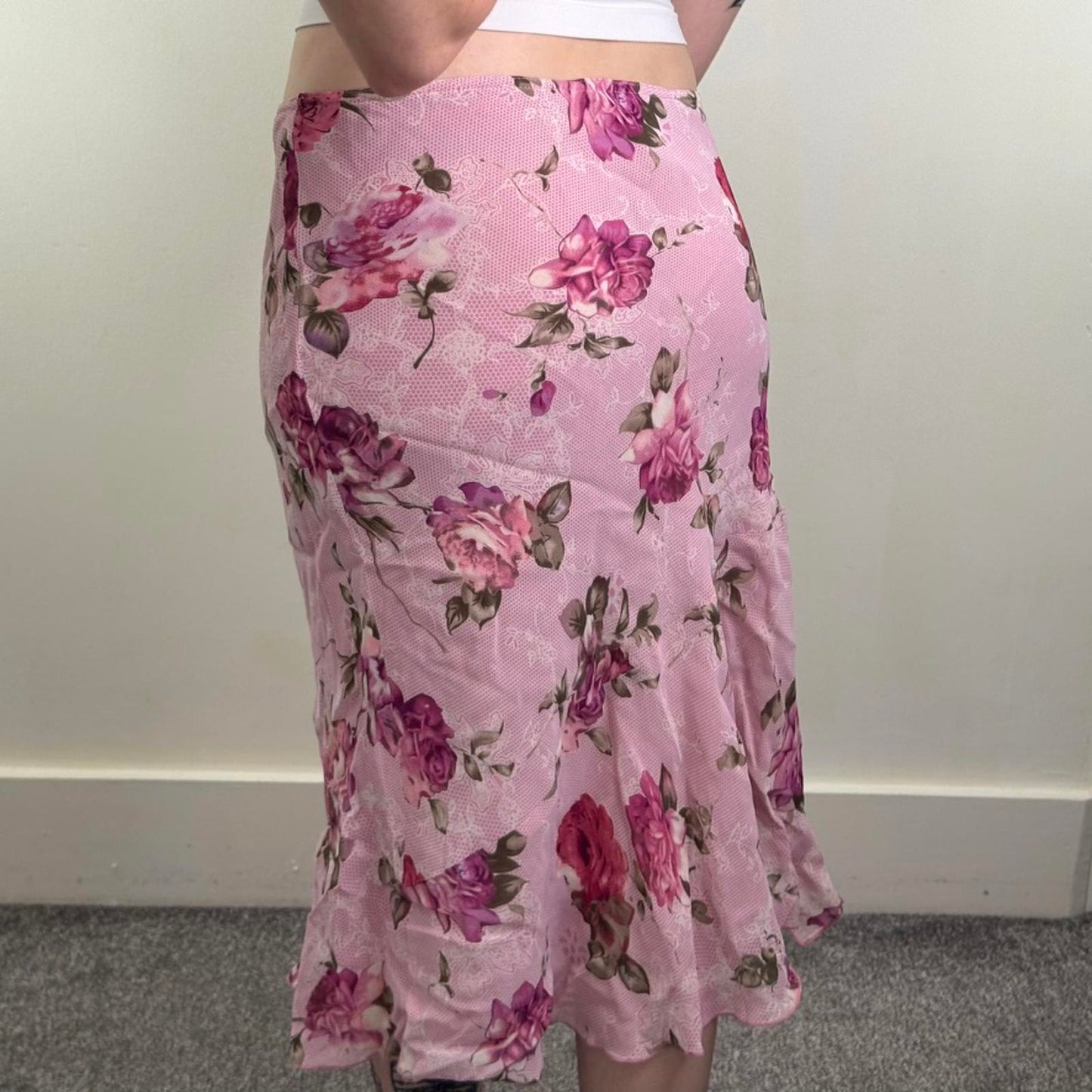 Y2K vintage Per Una floral lace pattern midi skirt frill ruffle low rise stretch