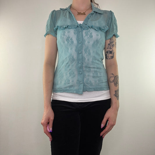 Y2K vintage lace shirt button up coquette turquoise floral frilly