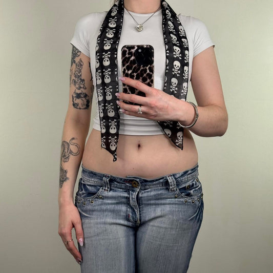 Y2K vintage sheer skull mini scarf short black white lightweight