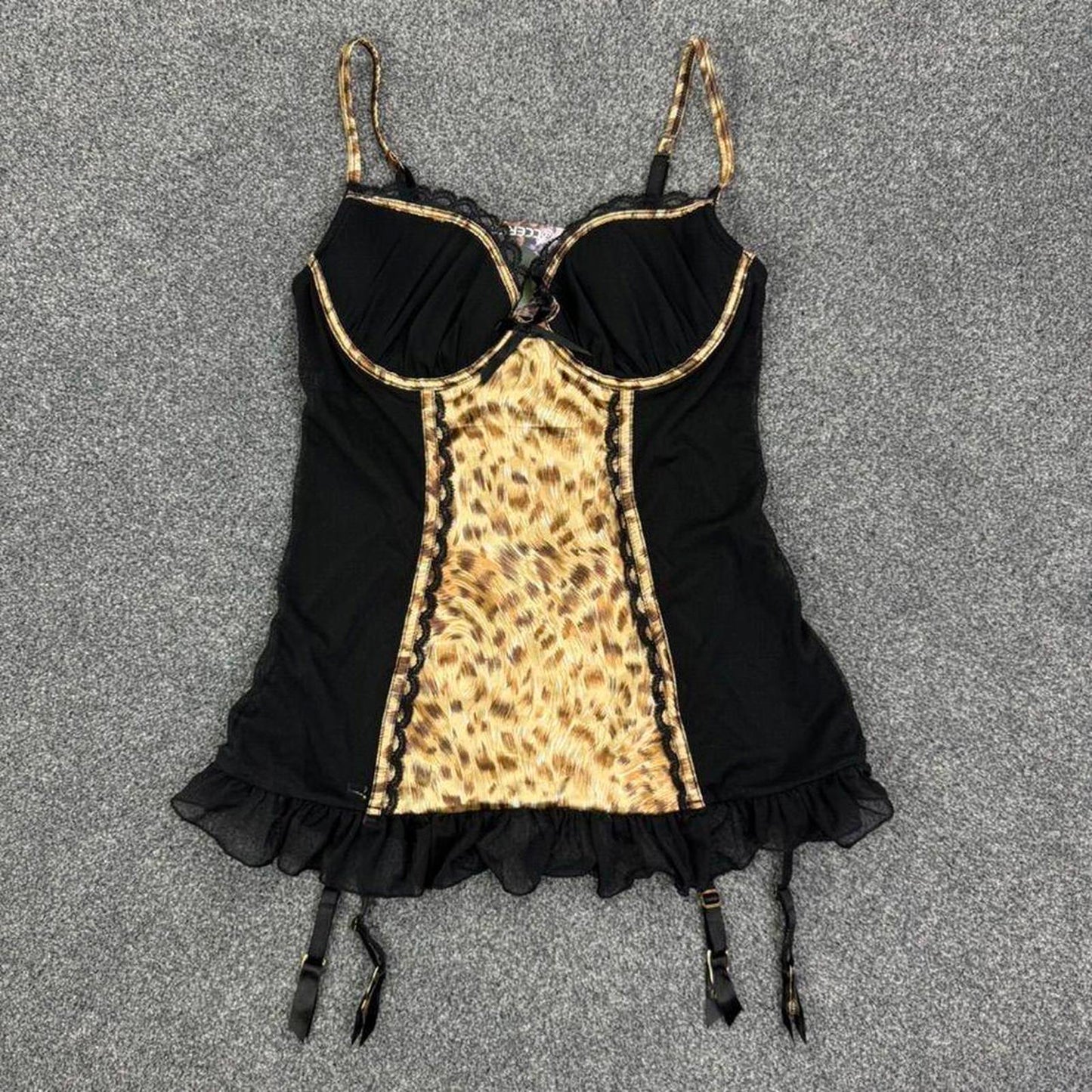 Y2K vintage Ann Summers satin leopard print mesh sheer baby doll frilly sheer