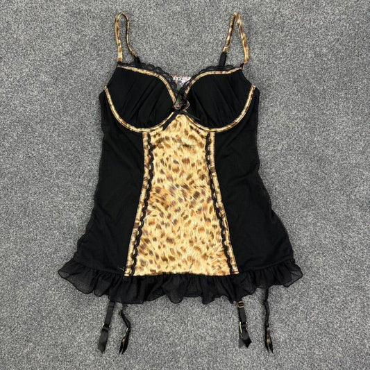 Y2K vintage Ann Summers satin leopard print mesh sheer baby doll frilly sheer