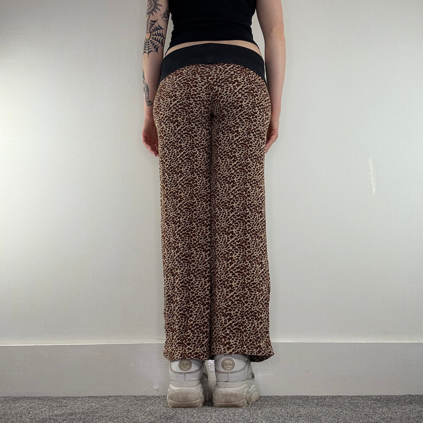 Y2K vintage leopard print velour fold over waistband flare trousers