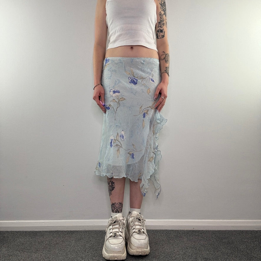 Y2K fairy floral ruffle crease floaty maxi skirt