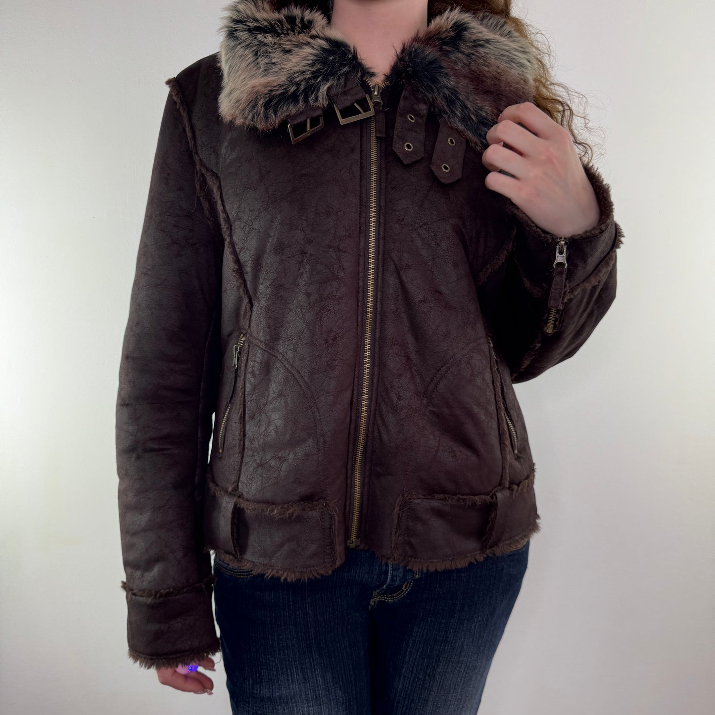 Y2K vintage faux suede zip up jacket faux fur collar trim