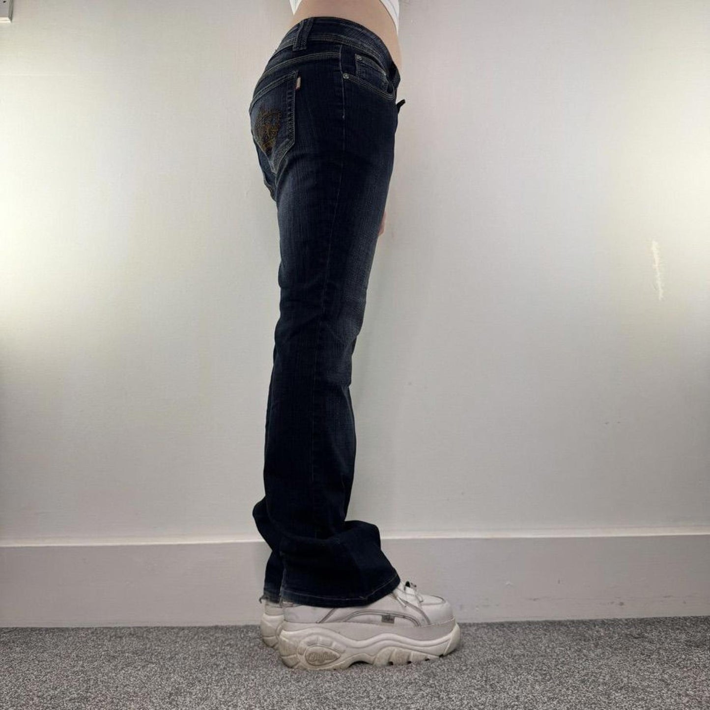 Y2K vintage low rise crown embroidered bootcut denim jeans dark blue faded