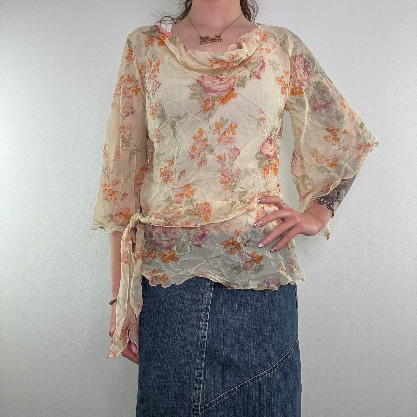 Y2K silk floaty sheer bow flare sleeve top