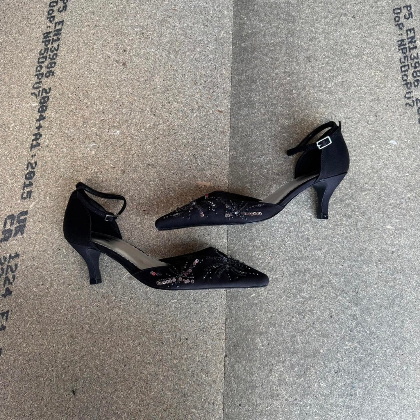 Y2K vintage kitten heel beaded embellished sequin ankle strap pointed toe satin