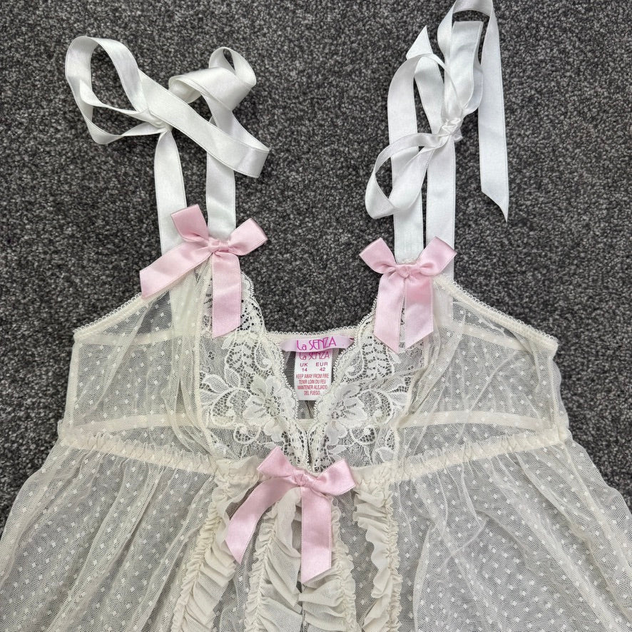 Y2K vintage coquette babydoll spotty frilly bow lace nightwear top soft girl