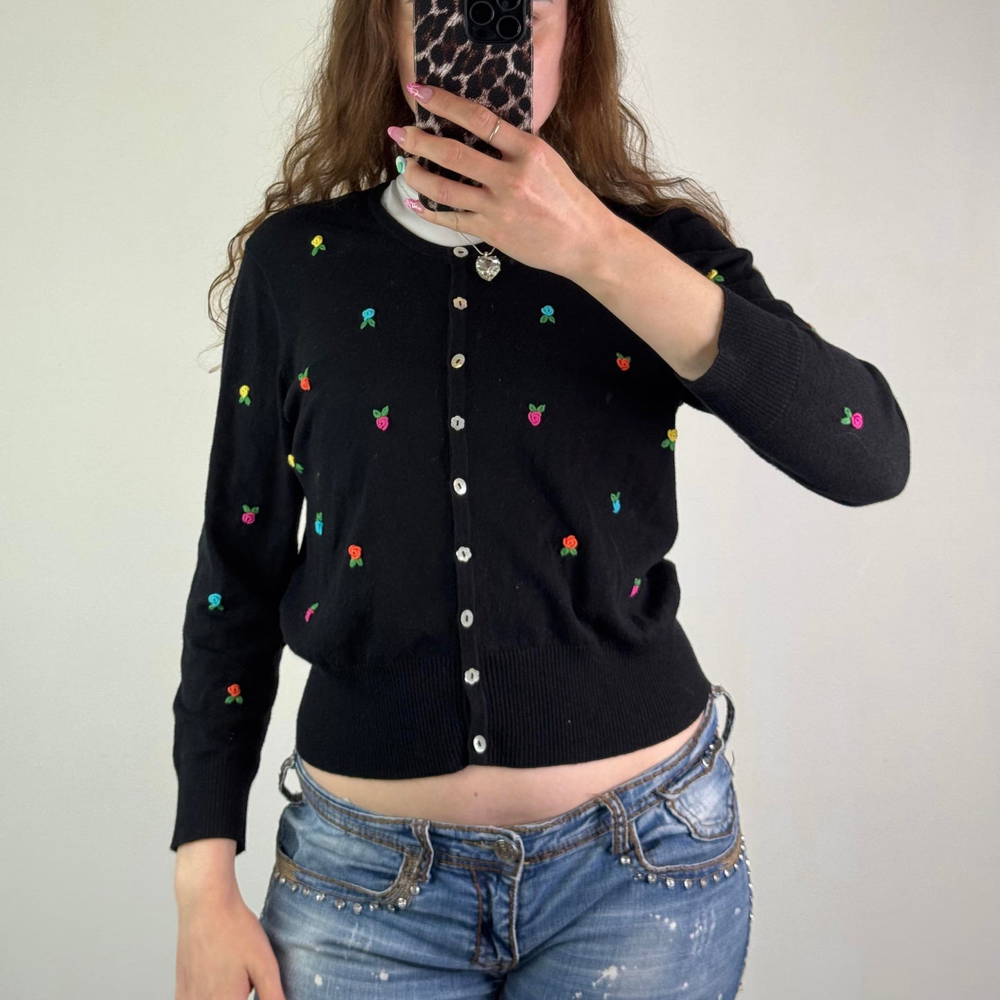 Y2K vintage button up knit floral rose 3D embroidered long sleeve cardigan