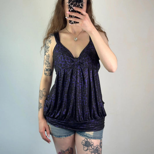 Y2K vintage party leopard print stretchy peplum top shiny pockets bow bust