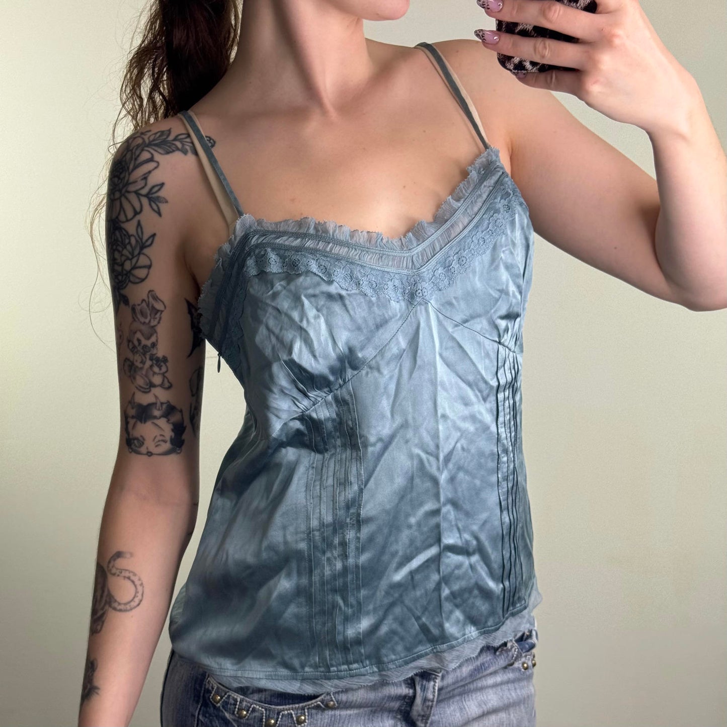 Y2K vintage 100% silk cami top lace trim strappy light blue shiny v neck