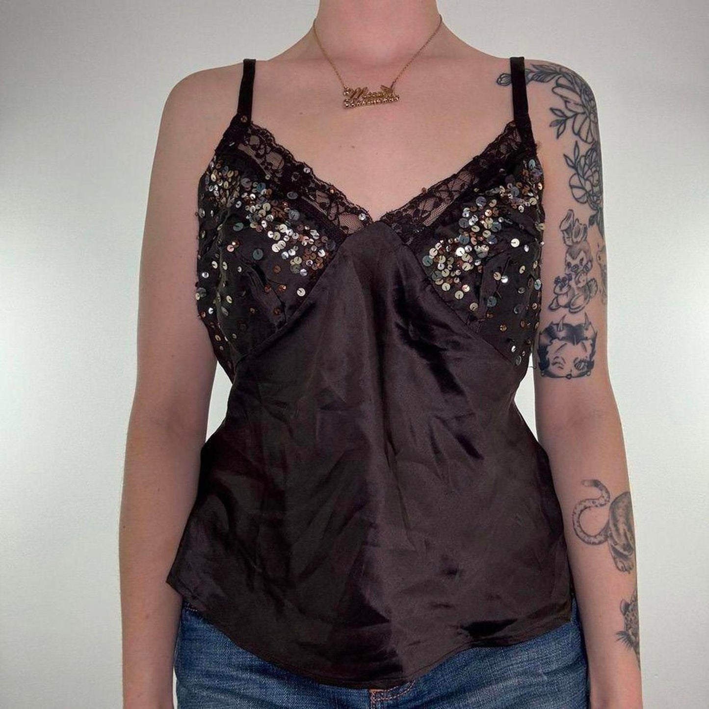 Y2K vintage Morgan De Toi 100% top silk sequin cami lace trim strappy brown