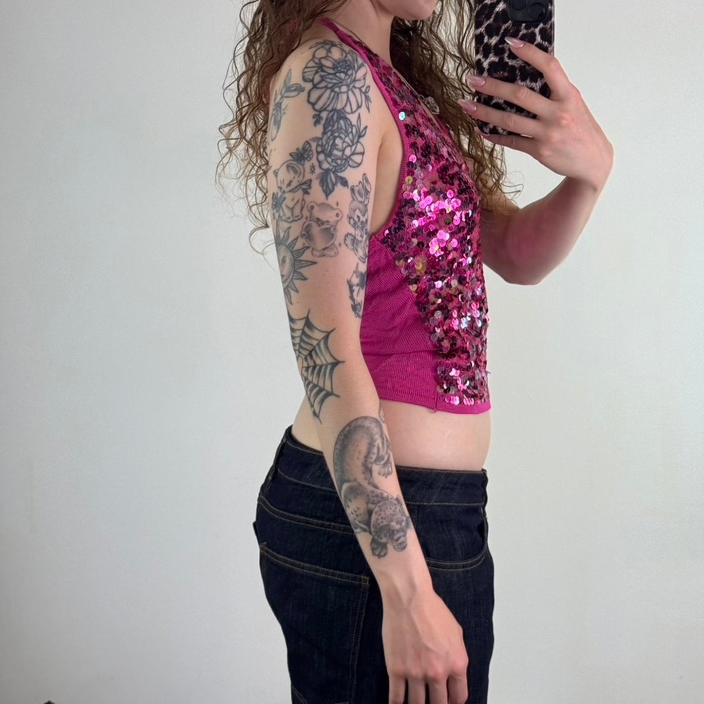 Y2K vintage halter neck sequin tank top fine knit embellished stretchy hot pink
