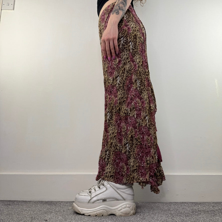 Y2K vintage leopard print frilly maxi skirt