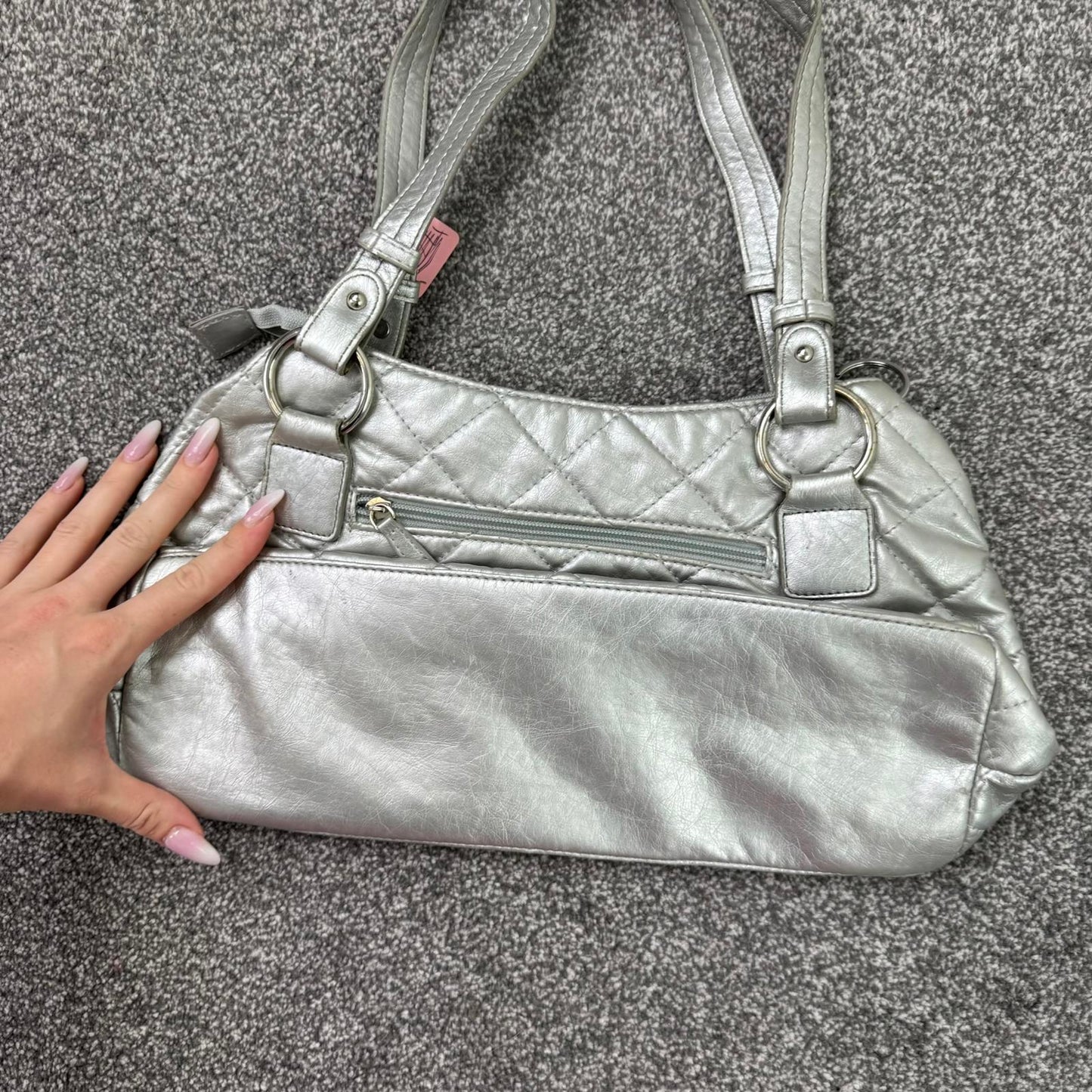 Y2K vintage faux leather silver shoulder bag quilted zipper studded O ring