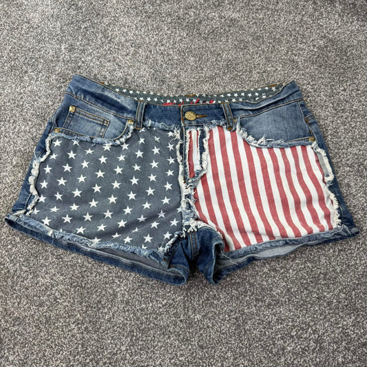 Y2K vintage USA flag low rise denim mini shorts distressed patchwork studded