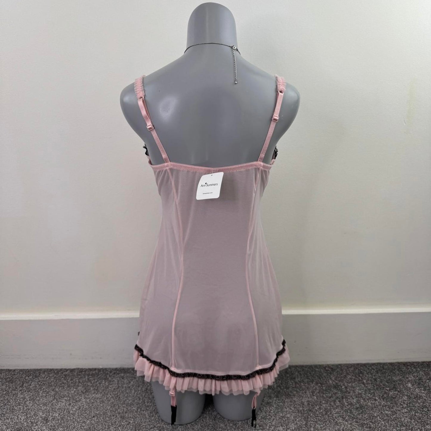 Y2K vintage Ann Summers mesh babydoll filigree baby pink black with suspenders