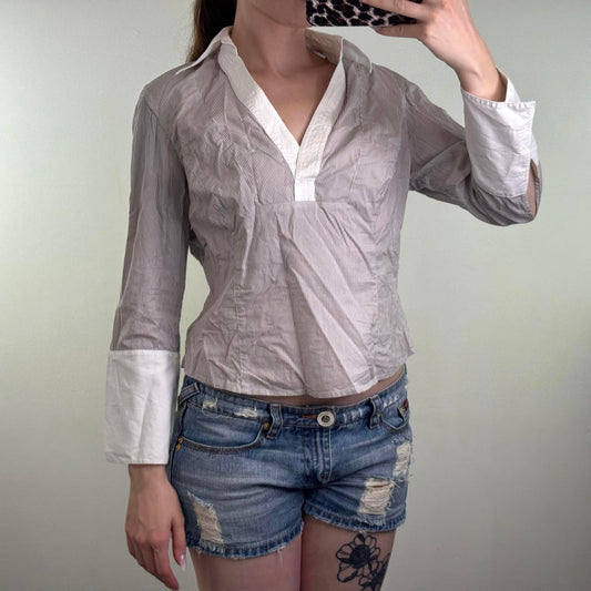 Y2K vintage pinstripe blouse long sleeve shirt white grey striped v neck office