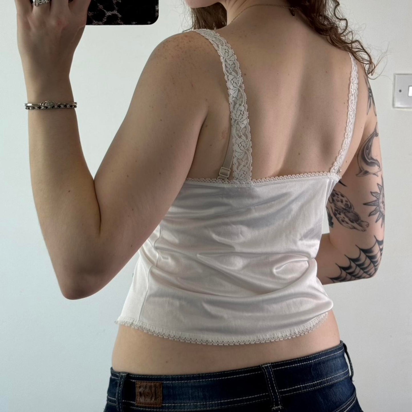 Y2K vintage sheer lingerie cami top v neck lace trim straps white small