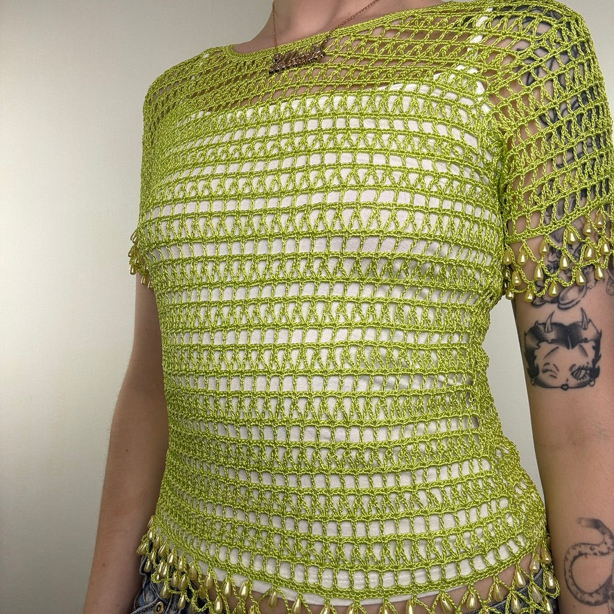 Y2K vintage crochet top lime green faux pearl beads summer cover up layering