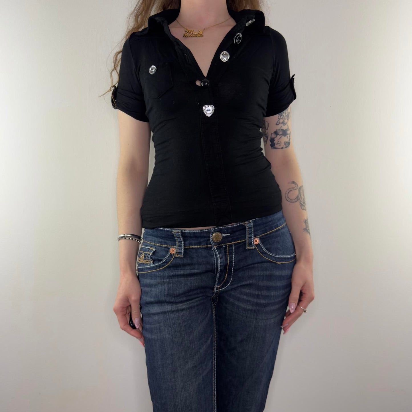 Y2K vintage chunky button fitted polo top