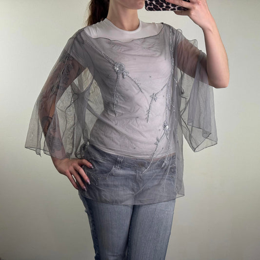 Y2K vintage mesh floral embroidered flowy flare sleeve sheer cowl neck grey