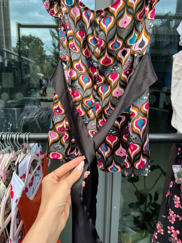 Vintage Y2K 2000s satin babydoll top graphic print